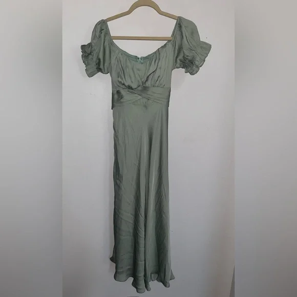 Dresses | Olive Green Satin Off Shoulder Dress | Poshmark